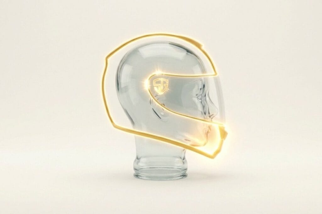 SGマークが光るヘルメットのイラスト。バイク用ヘルメットは安全規格を確認して選ぶ重要性を示す