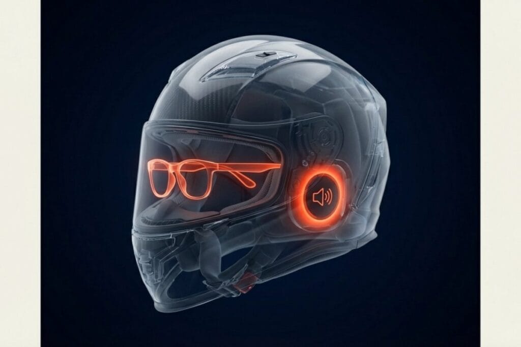 フルフェイスヘルメット内部に眼鏡フレームの位置を示したイメージ（メガネスリット・眼鏡対応のチェックポイント）