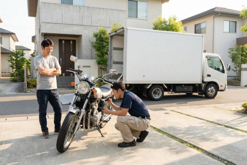自宅前で売却者と作業員が握手し、積載車にバイクが載っている。出張買取で引き取りと買取契約が成立している。