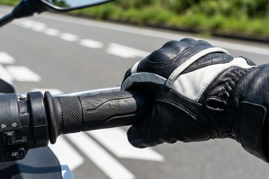 バイクのハンドルグリップを握るバイクグローブ。スロットル操作時のフィット感を確認する状態。