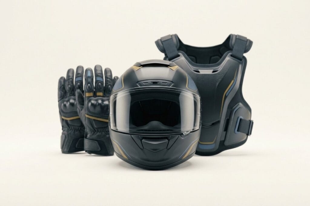 フルフェイスヘルメットとグローブ、胸部プロテクターを並べた写真。初心者が優先して揃えるバイク必須装備のイメージ