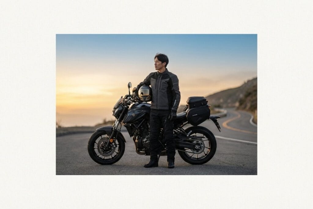 ライディングウェア姿のライダーとツーリング装備のバイクの写真。便利グッズで快適性を高めるバイク用品のイメージ