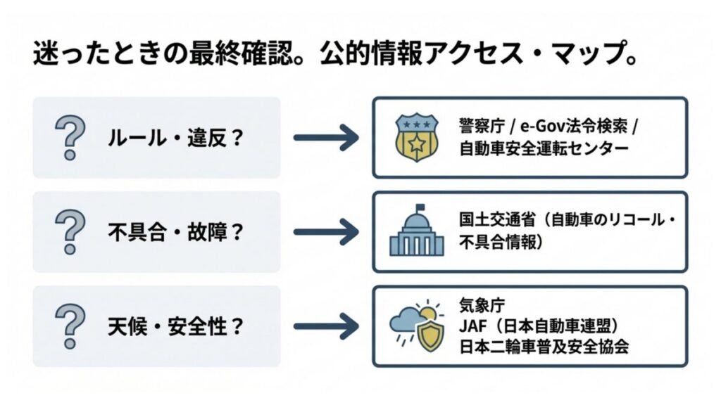 ルール、不具合、天候の確認先を公的機関ごとに整理した公式情報アクセスのマップ図