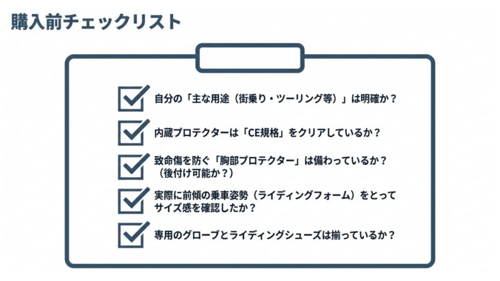 用途、CE規格、胸部プロテクター、サイズ確認を並べた購入前チェックリスト
