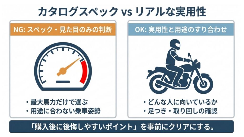 カタログスペック重視と実用性重視の違いを、乗車姿勢や用途で比較した図。