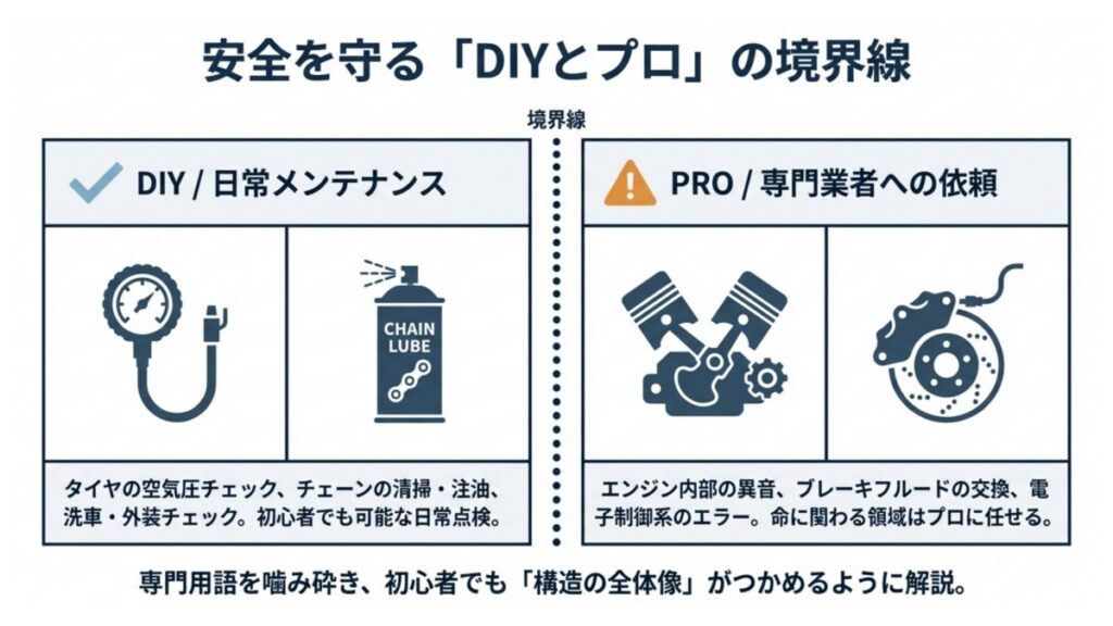 日常メンテナンスと専門業者対応の境界を、作業内容ごとに分けて示した図。