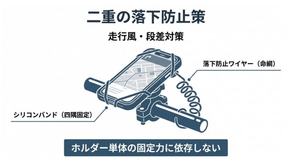 シリコンバンドと落下防止ワイヤーで二重固定するスマホホルダーの解説図