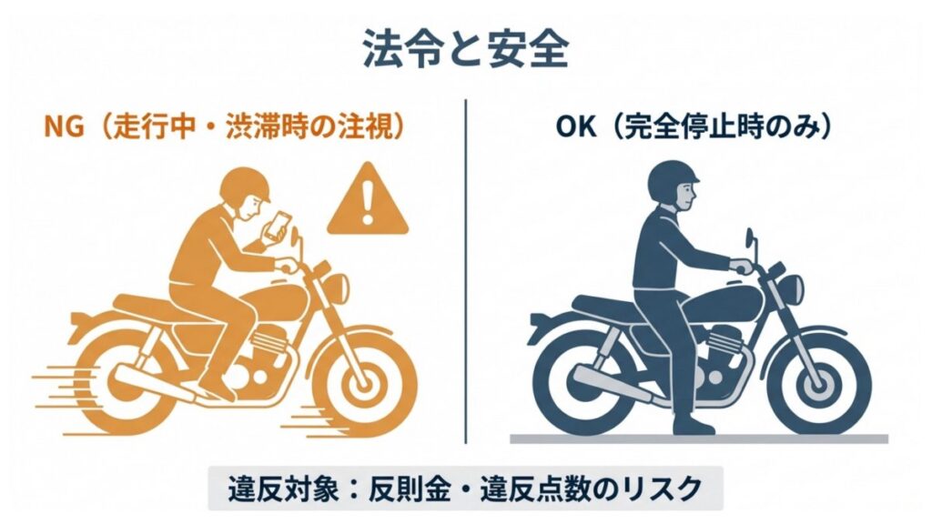 走行中の画面注視がNG、完全停止時のみ確認可と示した法令と安全の比較図