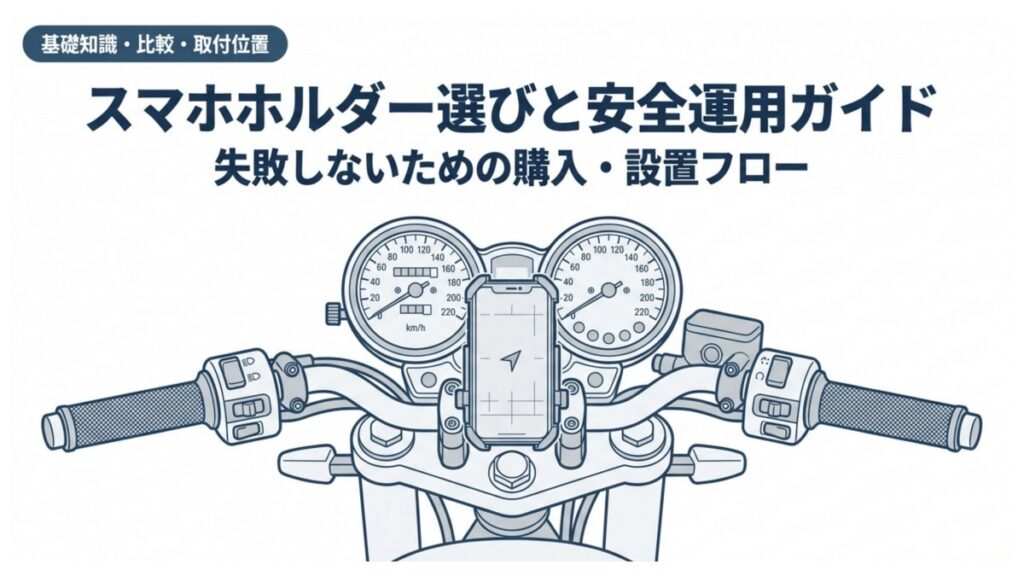ナビ画面付きスマホホルダーをハンドル中央に装着した基本配置を示すイメージ図