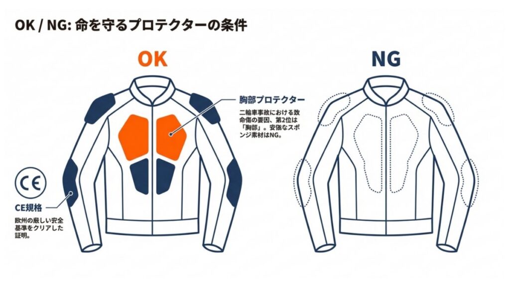 CE規格対応の胸部プロテクター付きジャケットと非対応例を対比した解説図