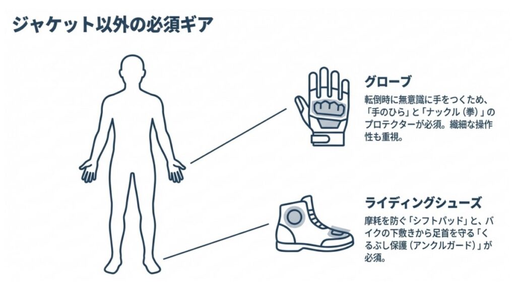 グローブのナックル保護とライディングシューズのくるぶし保護を示す解説図