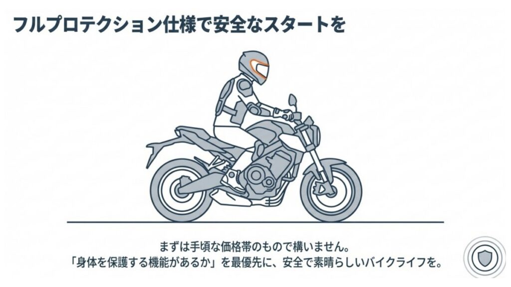 フルプロテクション仕様のライダーがバイクに乗る安全装備のイメージ図