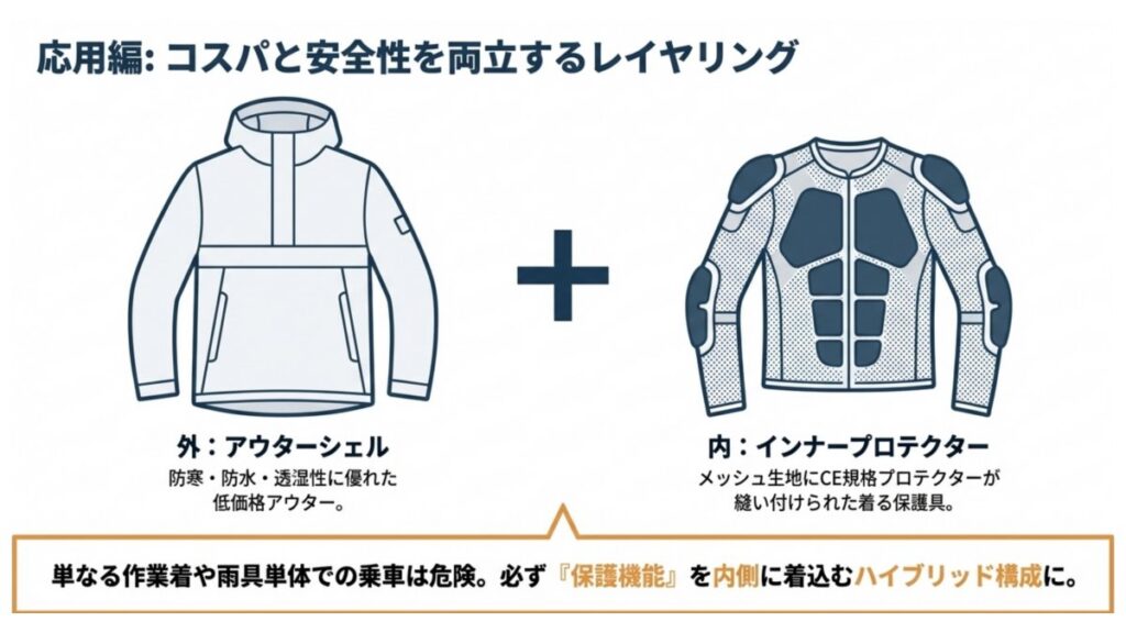 防水アウターとCE規格インナープロテクターを組み合わせたレイヤリング構成図