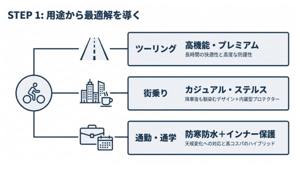 ツーリング、街乗り、通勤・通学の用途別にウェア方向性を分けたフロー図